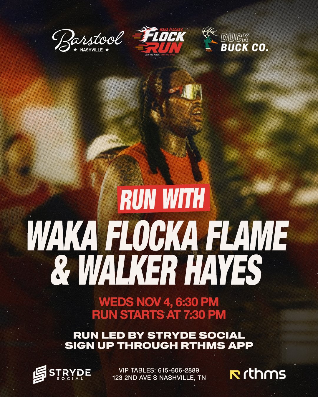 Nashville pop-up flyer: run with Waka Flocka Flame and Walker Hayes, Wednesday, November 4, 2026